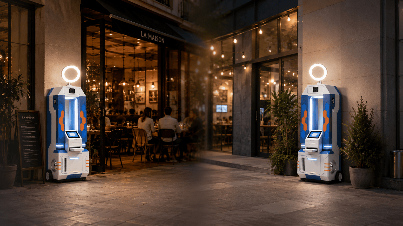 Two AIBox photobooths outside a warmly lit venue